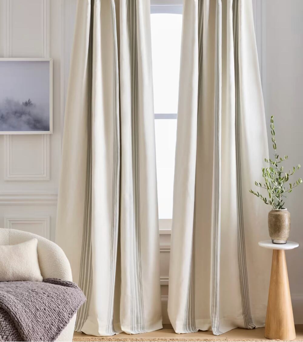 QUINCE Coastal Stripe Darkening Linen Curtain - Ivory/Sage 48x108
